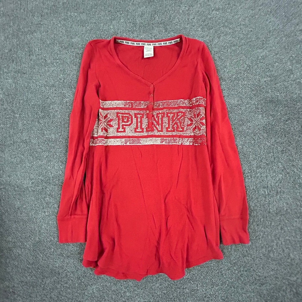 Victoria's Secret PINK Sleep Shirt Womens Size S Red Waffle Knit Henley Thermal